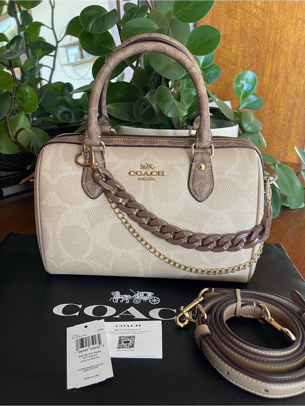 NWT COACH Rowan Satchel in Signature Block Canvas with Chain